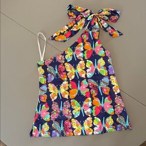 Colorful Silk Butterfly Print One-Shoulder Top Size 0